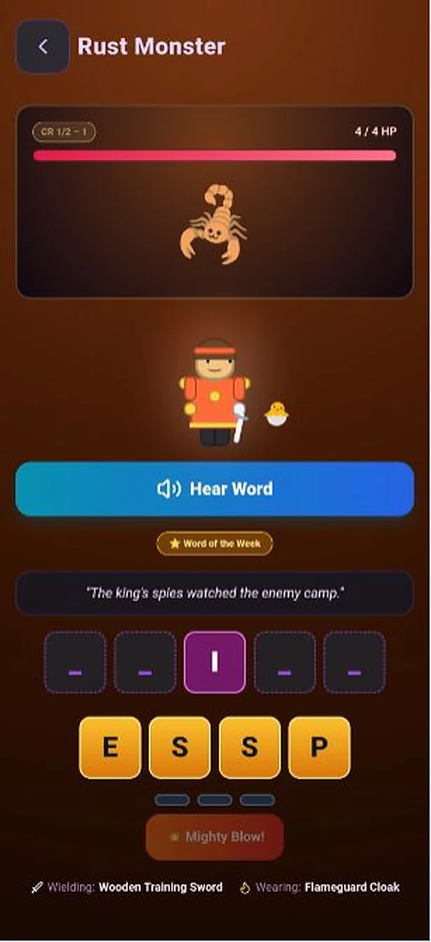 The battle screen in the app: a hero with a pet chick facing a Rust Monster, with a clue sentence, letter tiles and a Hear Word button.